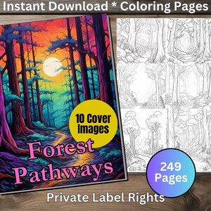 May include: A digital download of 249 coloring pages featuring forest pathways. The cover image shows a colorful, vibrant forest scene with a winding path leading into the distance. The text "Forest Pathways" is displayed in pink and purple letters. The product also includes 10 cover images.