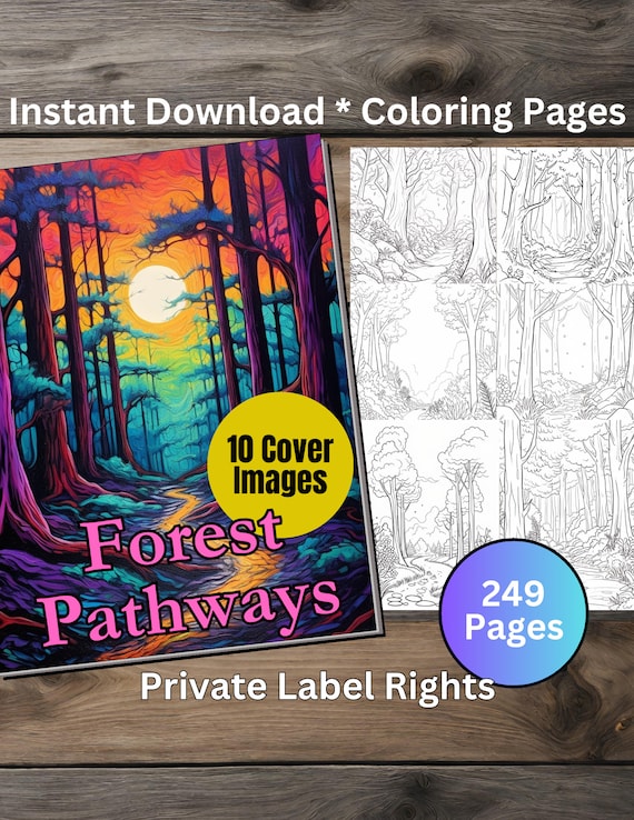 Forest Pathways Aesthetic Coloring Book Pages Plus 10 Cover Images Printable Edit in Canva PNG JPG PDF Coloring Book for Adults Print
