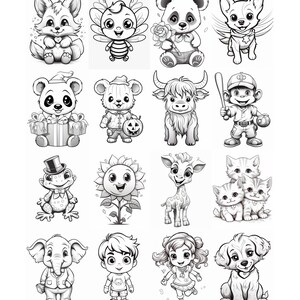 May include: A collection of 16 black and white illustrations featuring various animals, a sunflower, a frog, a boy, a girl, and a baseball player. The illustrations are in a cartoon style and are perfect for coloring.