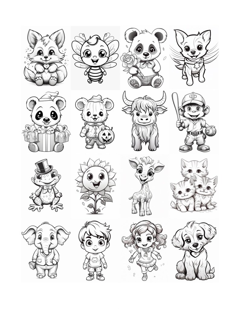 May include: A collection of 16 black and white illustrations featuring various animals, a sunflower, a frog, a boy, a girl, and a baseball player. The illustrations are in a cartoon style and are perfect for coloring.