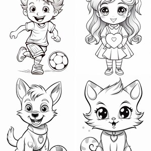 May include: Black and white line art illustration of a boy playing soccer, a girl holding a heart, a dog with a ball, and a cat. The illustrations are in a cartoon style.
