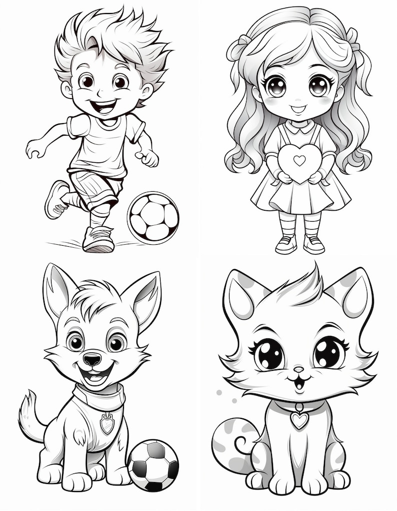 May include: Black and white line art illustration of a boy playing soccer, a girl holding a heart, a dog with a ball, and a cat. The illustrations are in a cartoon style.