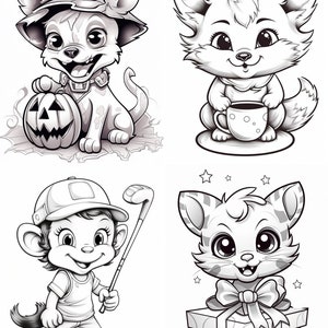 May include: Black and white line art illustration of four cartoon animals. A dog wearing a witch's hat holds a jack-o-lantern. A fox holds a cup of coffee. A monkey wearing a baseball cap holds a golf club. A cat sits on a gift box with a bow.
