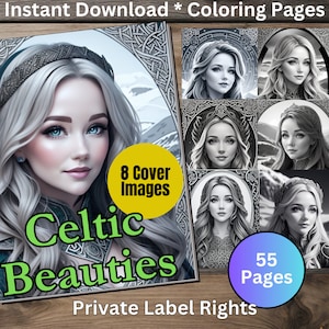 Puede incluir: Una descarga digital de 55 páginas para colorear con mujeres celtas con peinados intrincados y diseños de nudos celtas. La imagen de portada presenta a una mujer con cabello largo y rubio que lleva una corona. El texto "Descarga instantánea * Páginas para colorear", "8 imágenes de portada", "Bellezas celtas", "55 páginas" y "Derechos de etiqueta privada" está incluido en la imagen.