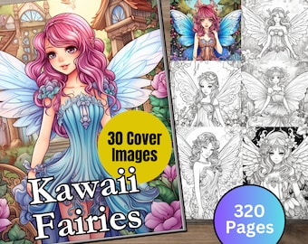 Libro da colorare arte bellissime fate Kawaii pagine da colorare estetiche più 30 immagini di copertina modello Canva stampabile libro da colorare per adulti