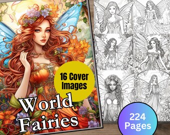 World Fairies Aesthetic Coloring Book Pages Plus 16 Cover Images Printable Edit in Canva PNG JPG PDF fantasy plr