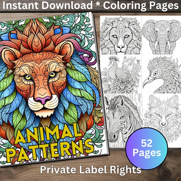 52 Animal Patterns Coloring Book Pages Printable Edit in Canva PNG JPG PDF Coloring Book for Adults Print on Your Favorite Paper