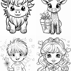 May include: Black and white line art coloring page featuring four different animals: a yak, a giraffe, a boy, and a girl. The animals are all cartoon-style and have large eyes. The boy is holding a sparkler and the girl is wearing a bow.