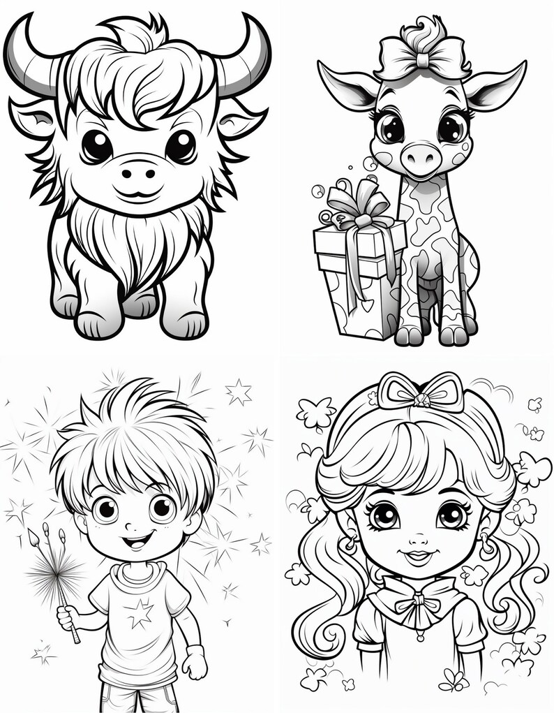 May include: Black and white line art coloring page featuring four different animals: a yak, a giraffe, a boy, and a girl. The animals are all cartoon-style and have large eyes. The boy is holding a sparkler and the girl is wearing a bow.