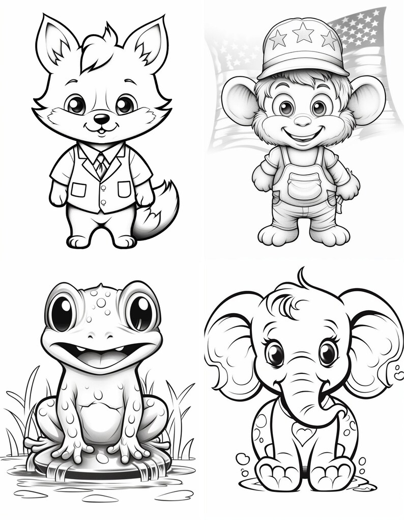 May include: Black and white line art illustrations of four different animals: a fox wearing a suit, a monkey wearing a hat and overalls, a frog sitting on a rock, and an elephant sitting on its hind legs.