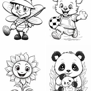 May include: Black and white line art illustrations of a bee holding a golf club, a bear playing soccer, a sunflower, and a panda holding a heart.