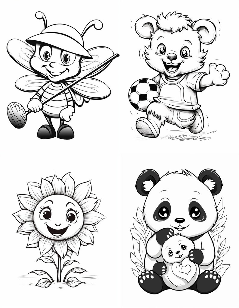 May include: Black and white line art illustrations of a bee holding a golf club, a bear playing soccer, a sunflower, and a panda holding a heart.