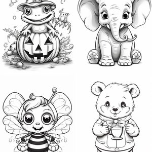 May include: Black and white line art illustration of four cute cartoon animals: a frog wearing a witch's hat and holding a jack-o'-lantern, an elephant, a bee, and a bear holding a cup.