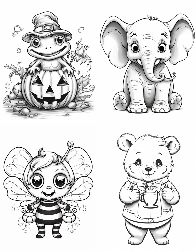 May include: Black and white line art illustration of four cute cartoon animals: a frog wearing a witch's hat and holding a jack-o'-lantern, an elephant, a bee, and a bear holding a cup.