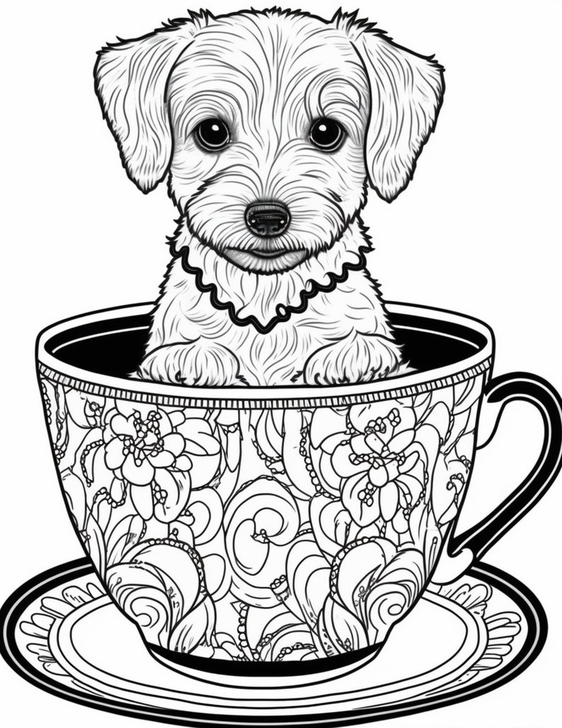 156 Puppies in Teacups Coloring Book Pages Plus 12 Cover Images Printable Edit in Canva PNG JPG