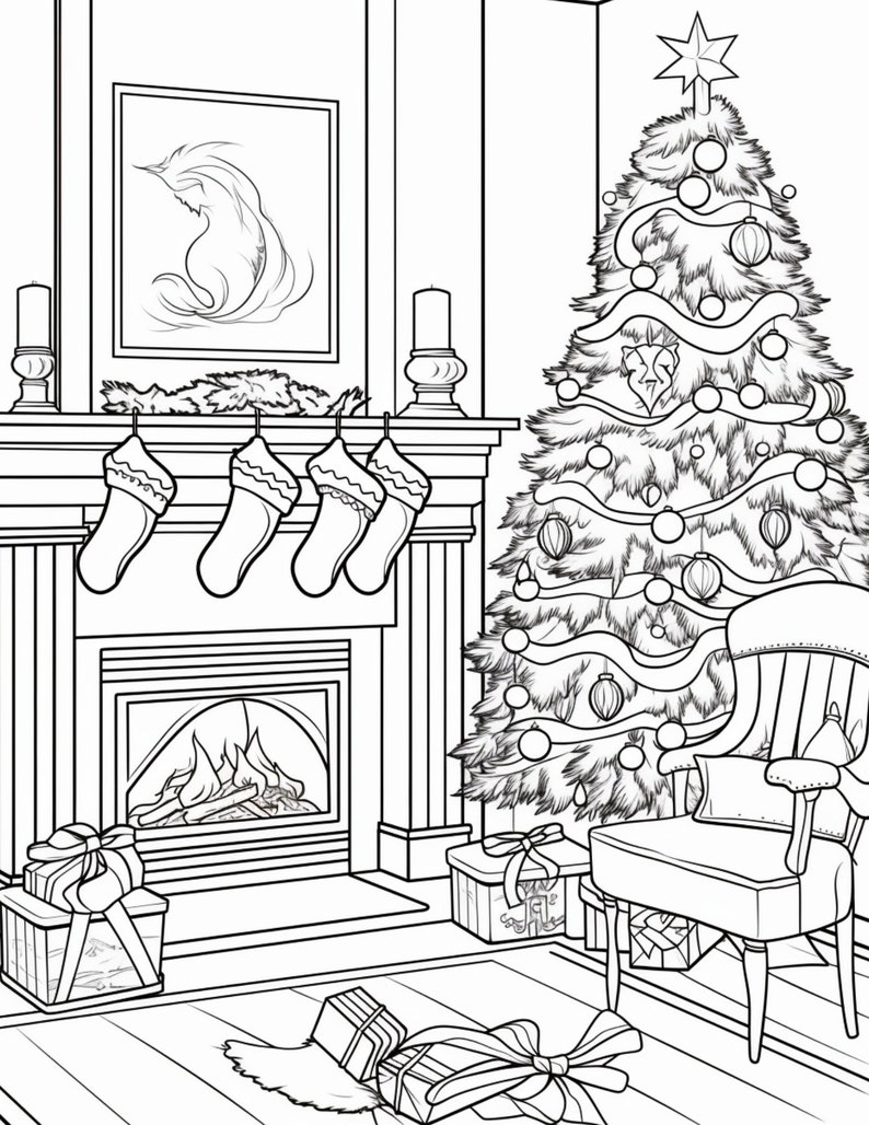 Christmas Livingroom Aesthetic Coloring Book Pages Plus 21 Cover Images ...