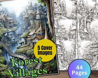 44 Forest Villages Coloring Book Pages Plus 5 Cover Images Printable Edit in Canva PNG JPG PDF Coloring Book for Adults Print