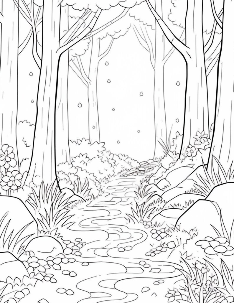 May include: A black and white line drawing of a forest path with a stream running through it. The path is lined with trees and bushes, and there are rocks and pebbles along the stream.