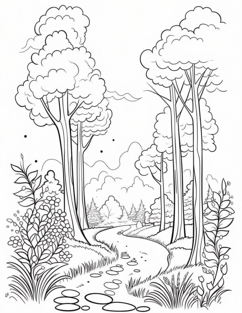 May include: A black and white line drawing of a winding path through a forest. The path is lined with large trees and smaller bushes. The path is made of stones and leads to a clearing in the distance.