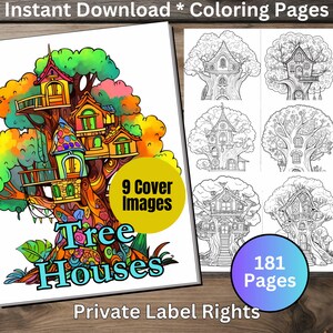 May include: A coloring book with 181 pages and 9 cover images featuring colorful illustrations of tree houses. The cover image shows a large tree with multiple tree houses built into the branches. The title of the book is "Tree Houses".