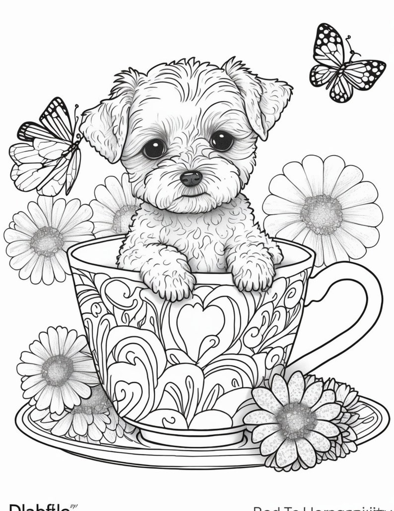 156 Puppies in Teacups Coloring Book Pages Plus 12 Cover Images Printable Edit in Canva PNG JPG