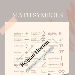 May include: A beige poster titled "MATH SYMBOLS" with various mathematical symbols and their definitions. Includes symbols for addition, subtraction, multiplication, division, and more. A diagonal watermark reads "Reagan Horton MODERN HS TEACHER".