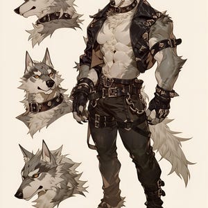 Op de afbeelding: Digitale illustratie van een gespierd, antropomorf wolfkarakter met een zwarte leren jas, broek en accessoires. De afbeelding bevat drie headshot-schetsen. Het personage heeft grijze vacht en draagt een halsband met studs.