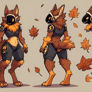 May include: A character design sheet featuring a brown and orange anthropomorphic creature with a black visor, robotic shoulder and thigh plates, and a fluffy tail, displayed in front, back, and head views surrounded by scattered autumn maple leaves.