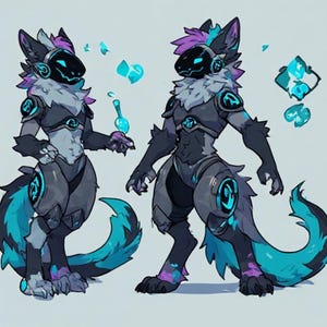 May include: A digital illustration of two anthropomorphic creatures with dark gray fur, purple accents, and glowing cyan mechanical visors and armor plating. The characters feature fluffy tails with cyan tips and floating geometric shapes.