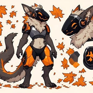 May include: A digital character illustration featuring a furry creature with dark grey fur, orange accents, and a black visor helmet with headphones. The character wears orange and black armour plates, surrounded by scattered orange maple leaves.