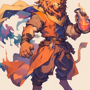 Könnte beinhalten: Digitale Illustration einer löwenartigen humanoiden Figur in orangefarbener und blauer Kleidung, die einen leuchtenden Trank hält. Die Figur hat eine Löwenmähne und einen Schwanz, mit einem Umhang und detaillierter Kleidung. Das Bild ist vor einem hellen Hintergrund, mit dem Text "DIGITAL ASSETS BY ASHLEY" unten.