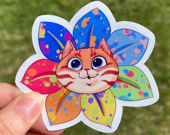 Rainbow Flower Cat Sticker - Waterproof Glossy Vinyl