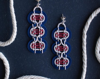 Handwoven Polymer Clay Earrings – Passementerie-Inspired Statement Jewelry, Red White Blue Dangles, Fiber Art-Inspired