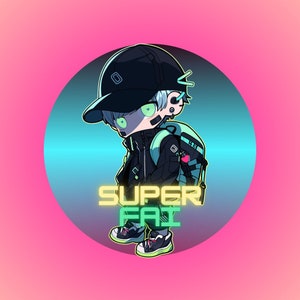 Glowing Lover boy Kawaii Chibi Anime Boy en Cyberpunk Hype Beast Outfit Pegatinas troqueladas