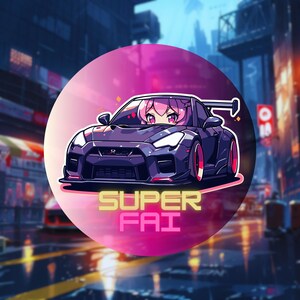 Könnte beinhalten: Ein rosa-lilafarbener Comic-Charakter fährt einen schwarzen Sportwagen mit einem pink-gelben Textüberlagerung, auf dem "SUPER FAI" steht.