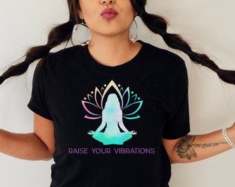 BLACK Raise Your Vibrations shirt, Positive Clothing for Women, Yoga T-shirt, Lotus T-shirt, Lotus Flower, Good Vibes T-shirt