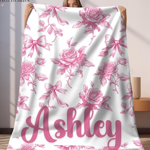 Custom Name Velveteen Blanket, Pink Toile Coquette Roses & Bows, Personalized Plush Blanket for Baby Girl, Dorm Room, Mother's Day Gift