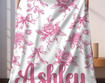 Custom Name Velveteen Blanket, Pink Toile Coquette Roses & Bows, Personalized Plush Blanket for Baby Girl, Dorm Room, Mother's Day Gift
