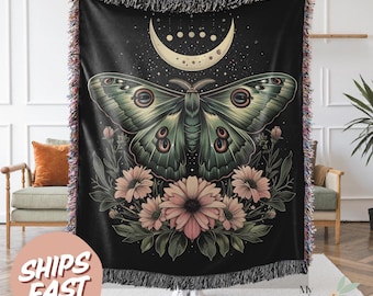 Celestial Moth Woven Blanket with Moon Phases & Wildflowers, Darkacademia Cottagecore Tapestry Throw, Witchy Luna Moth Gift for Her