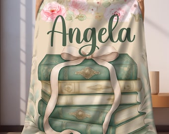 Personalized Book Blanket for Book Lovers, Floral Books Velveteen Throw with Name, Cozy Gift for Readers, Cottagecore Decor, Dopamine Decor