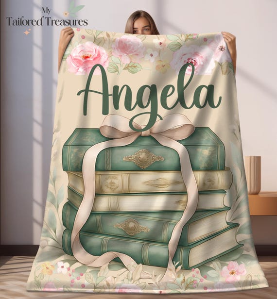 Personalized Book Blanket for Book Lovers, Floral Books Velveteen Throw with Name, Cozy Gift for Readers, Cottagecore Decor, Dopamine Decor