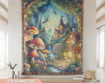 Fairycore Woven Blanket, Cottagecore Mushroom Throw, Enchanted Forest Blanket, Boho Fantasy Home Decor, Cozy Gift for Book Lovers & Kids
