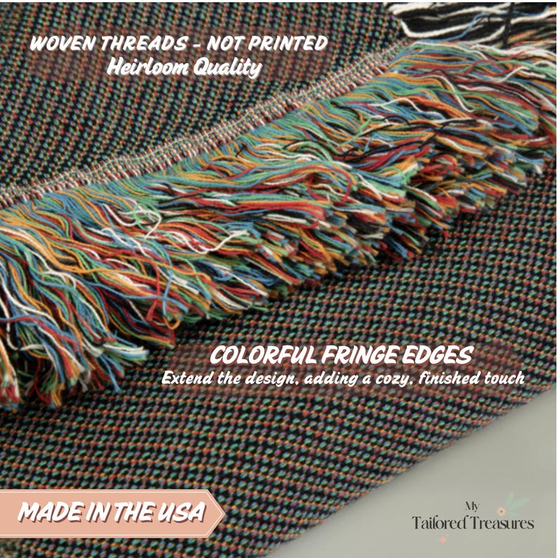 May include: Close-up of a woven blanket with colorful fringe edges. The blanket is made in the USA and features woven threads, not printed. The text on the image reads: "Heirloom Quality" and "Extend the design, adding a cozy, finished touch."