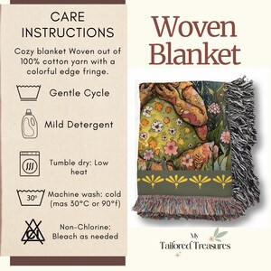 May include: Woven blanket with a colorful floral design featuring a bear. The blanket has a green border with a yellow floral pattern and a fringed edge. Care instructions are included.