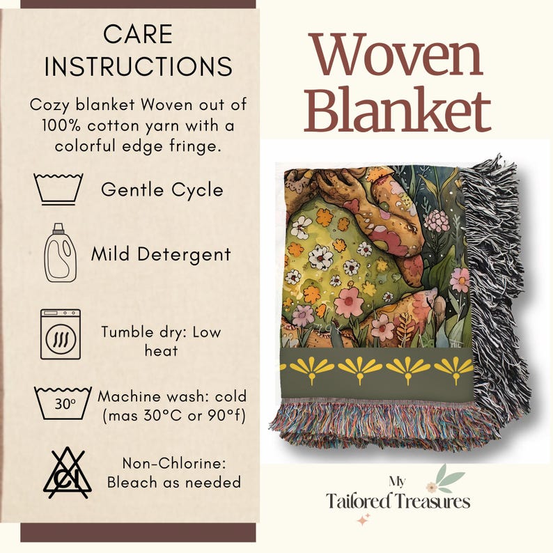 May include: Woven blanket with a colorful floral design featuring a bear. The blanket has a green border with a yellow floral pattern and a fringed edge. Care instructions are included.