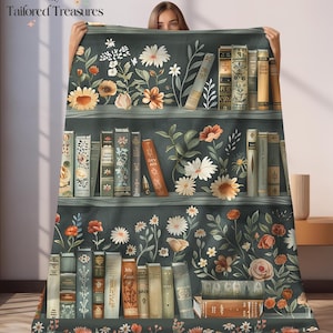 Cottagecore Bookshelf Floral Blanket, Vintage Book Lover Gift, Dark Academia Botanical Throw, Cozy Reading Aesthetic Home Decor, Dorm Decor