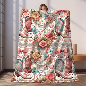 Coquette Cowgirl Plush Blanket, College Dorm Room Decor, Gift for Mom or Girlfriend, Vintage Cowgirl Coquette Throw Blanket, Girly Decor