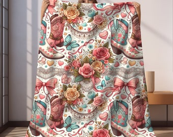 Coquette Cowgirl Plush Blanket, College Dorm Room Decor, Gift for Mom or Girlfriend, Vintage Cowgirl Coquette Throw Blanket, Girly Decor