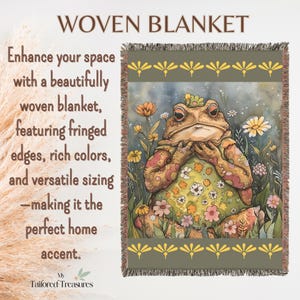 May include: Woven blanket with a whimsical frog design. The blanket features fringed edges and a detailed illustration of a frog in a floral setting. The text "WOVEN BLANKET" is at the top.