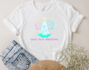 WHITE Raise Your Vibrations shirt, Positive Clothing for Women, Yoga T-shirt, Lotus T-shirt, Lotus Flower, Good Vibes T-shirt